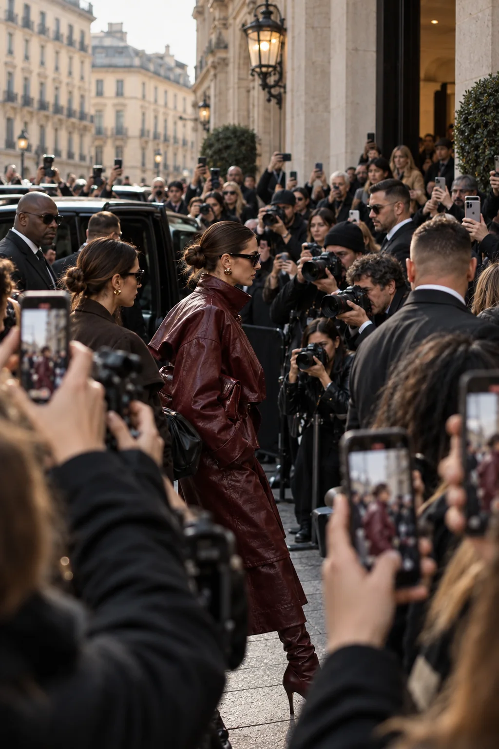 Fashion arrival seen through the crowd and media infrastructure outside a venue