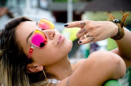 ABSURDA Calixto PowerColors campaign portrait with colourful mirrored sunglasses